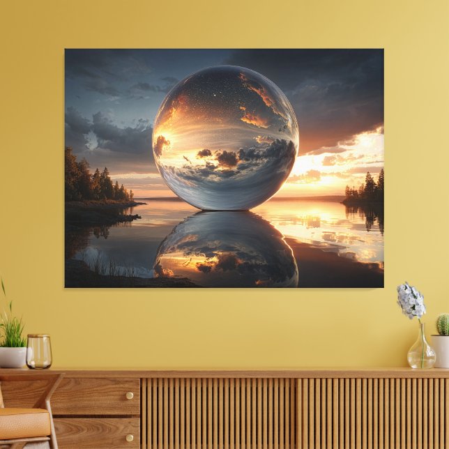 Lienzo Surreal Reflective Sphere With Sunset Clouds Over  (Insitu (Sala de estar))