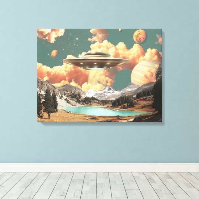 Lienzo Surreal UFO Above Mountain Lake with Planets (Insitu (piso de madera))