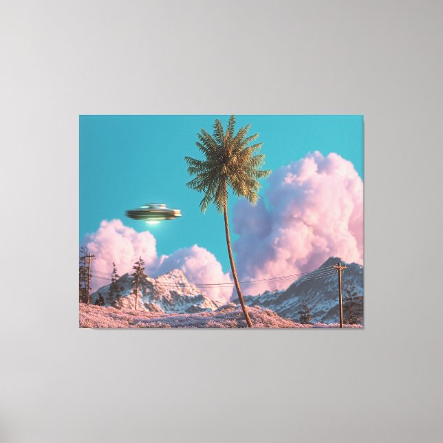 Lienzo Surreal UFO and Palm Tree Mountain Scene (Anverso)
