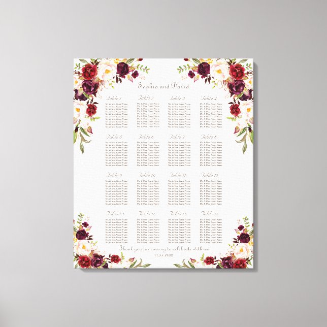 Lienzo Tabla de asientos de Boda floral de azafrán rosa d (Anverso)