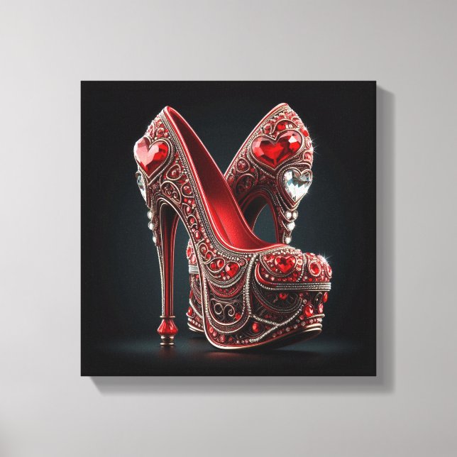 Lienzo Tacones rojos con diamantes en forma de corazón (Anverso)