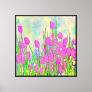 Lienzo Tallos Hojas y Cielo de Tulipanes Rosados