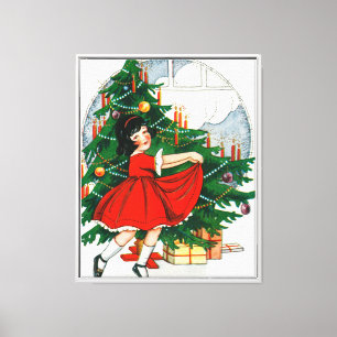Lienzo Tarjeta postal retro de Navidad, niño y árbol de N