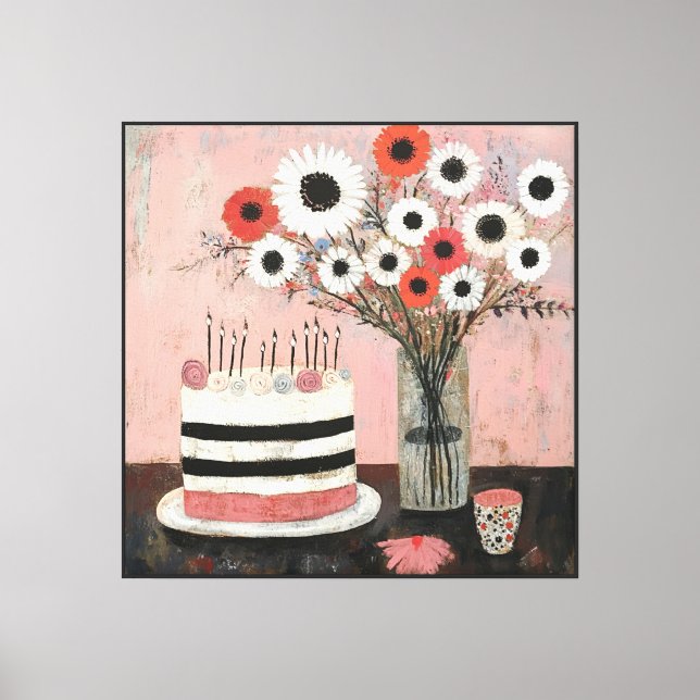 Lienzo Tarta de cumpleaños chic y flores de gerbera (Anverso)