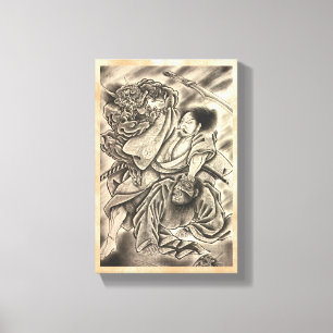 Lienzo Tatuaje de lucha del demonio samurai japonés vinta