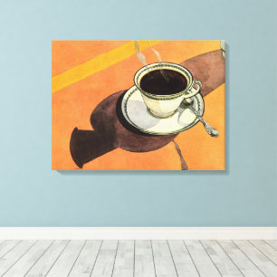 Lienzo Taza de café antigua, platillo, cuchara, comedor r