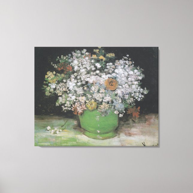 Lienzo Tazón con zinnias y otras flores (Anverso)