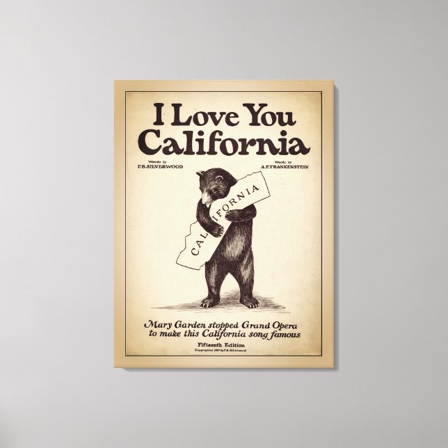 Lienzo Te Amo Mapa de California con Oso Abrazando (Anverso)