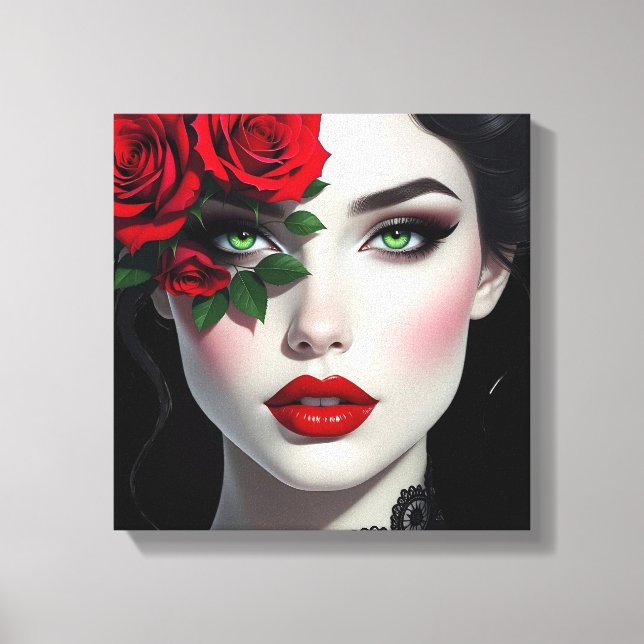 Lienzo Te Amo | Mujer Hermosa con Rosa Roja (Anverso)