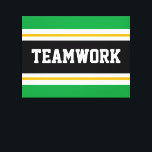 Lienzo TEAMWORK Rayos de Carreras blanca verde brillante<br><div class="desc">Este diseño deportivo y atlético presenta texto en negrita de TEAMWORK dentro de una banda negra ancha realzada con doble franjas de carreras blancas y amarillas contra rayas exteriores de color verde brillante. El texto de este diseño se puede personalizar.</div>