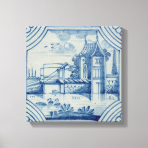 Lienzo Teja de Delft que muestra un puente levadizo sobre