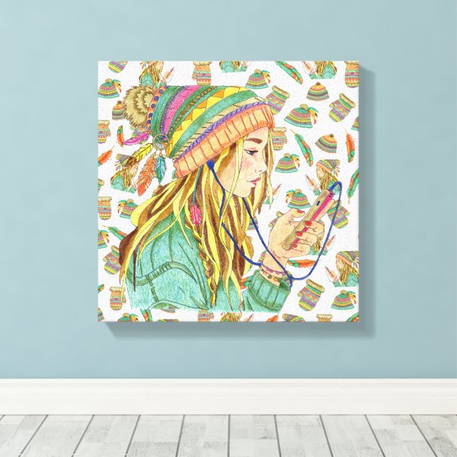 Lienzo Tema Chica Sombrero Boho (Insitu (piso de madera))