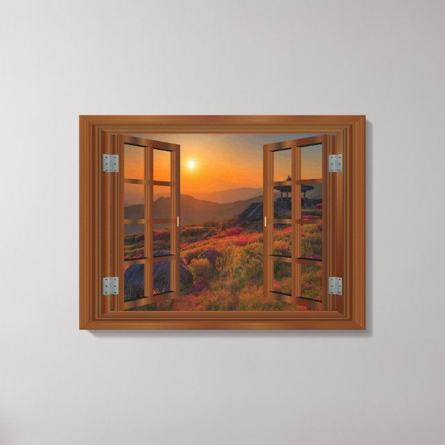 Lienzo Templo Budista Coreano Faux Window View Sunset (Anverso)