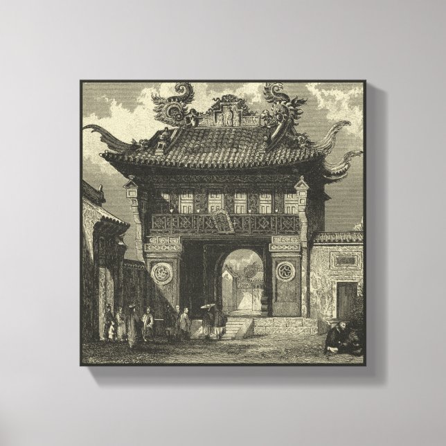 Lienzo Templo imperial asiático en blanco y negro (Anverso)