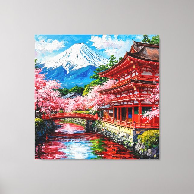 Lienzo Templo japonés tradicional con flor de cerezo (Anverso)