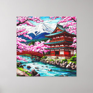 Lienzo Templo tradicional japonés y puente
