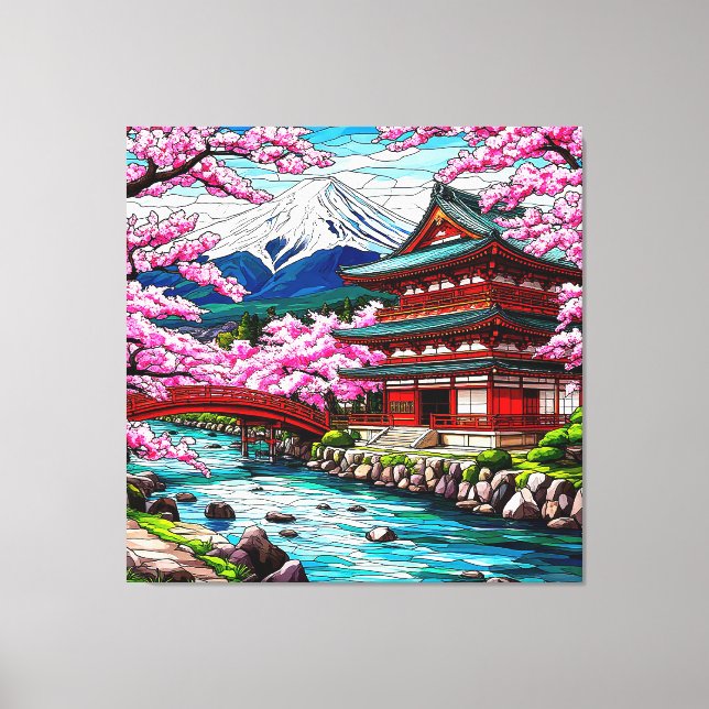 Lienzo Templo tradicional japonés y puente (Anverso)