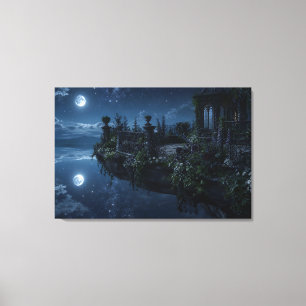 Lienzo Terraza flotante iluminada por la luna envuelta en