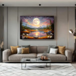 Lienzo The Enchanted Dream Lake<br><div class="desc">Contemplate the magic of a giant moon reflected in serene waters,  surrounded by snow-capped mountains and a starry sky in pink and golden tones. This fantastic artwork transports you to an enchanted realm where dreams come true. Stunning digital art that brings peace,  mystery,  and cosmic beauty to your space.</div>
