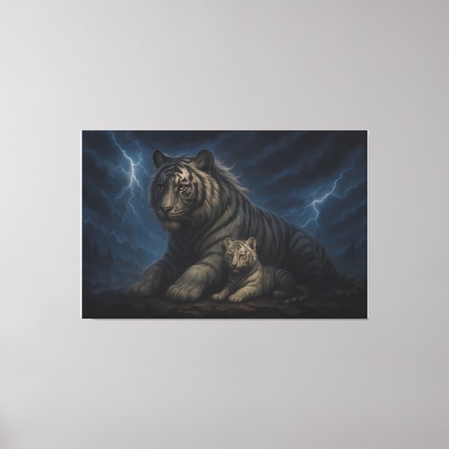 Lienzo Thunderstorm Guardian White Tiger & Cub – Fantasy  (Anverso)