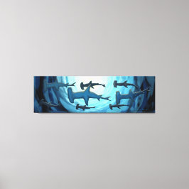 Lienzo Tiburones en silueta con bola de sol