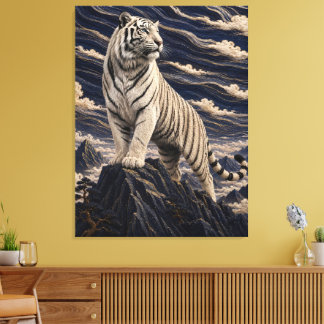 Lienzo Tigre Blanco Bajo Nubes Bordadas – Azul Marino M