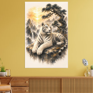 Lienzo Tigre Blanco Bajo Pino Antiguo | Tinta China