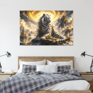 Lienzo Tigre Blanco Celestial Guardián del Río bajo la Lu