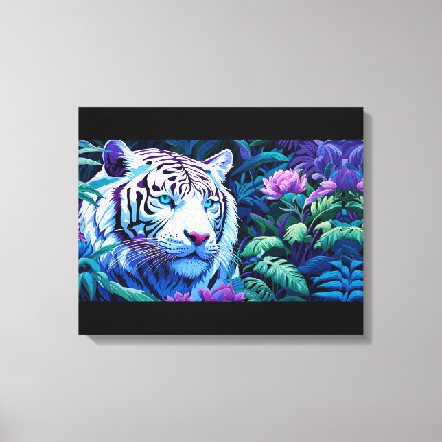 Lienzo Tigre blanco con flores moradas (Anverso)