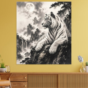 Lienzo Tigre Blanco Descansando en Acantilado Tinta Tra