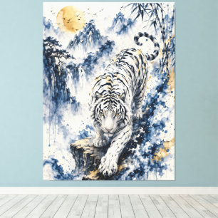 Lienzo Tigre Blanco en Paisaje de Tinta Azul – Elegante C