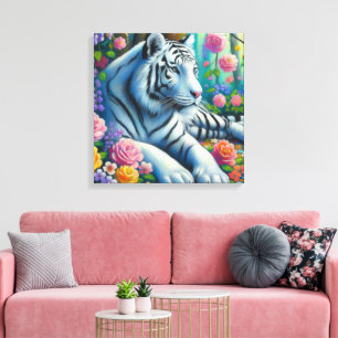 Lienzo Tigre blanco en un bosque con flores color rosa Ve