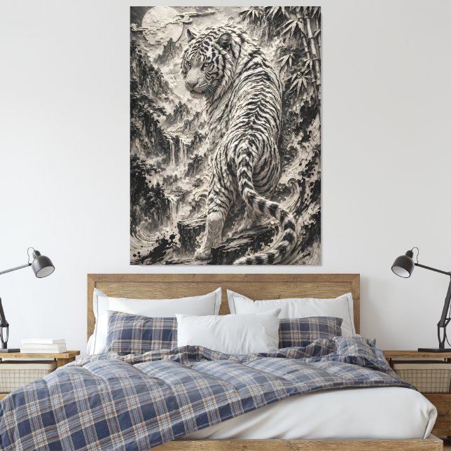 Lienzo Tigre Blanco Grabado al Estilo Tinta - Guardián Or (Insitu(Dormitorio))