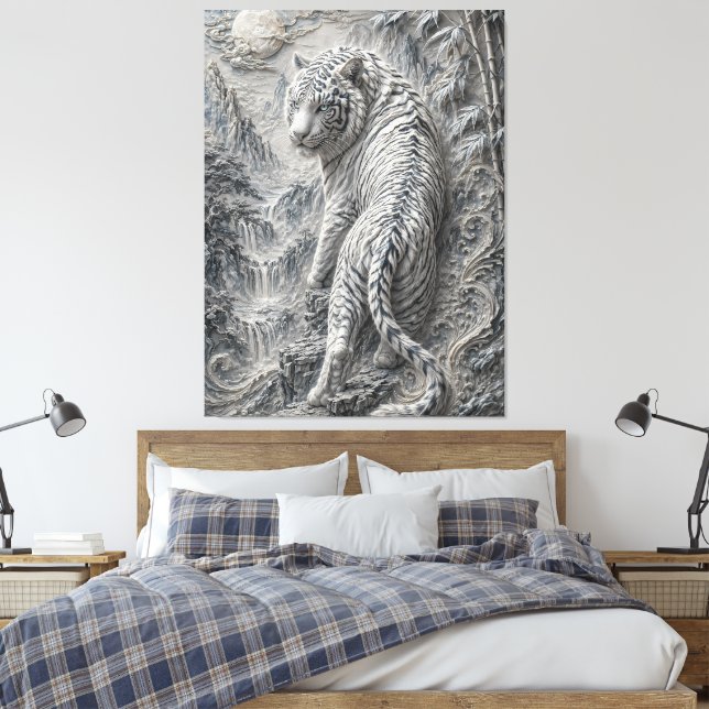 Lienzo Tigre Blanco Grabado Estilo Tinta - Guardián Orien (Insitu(Dormitorio))