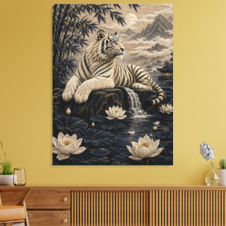 Lienzo Tigre Blanco junto a un estanque de lotos – Tierra