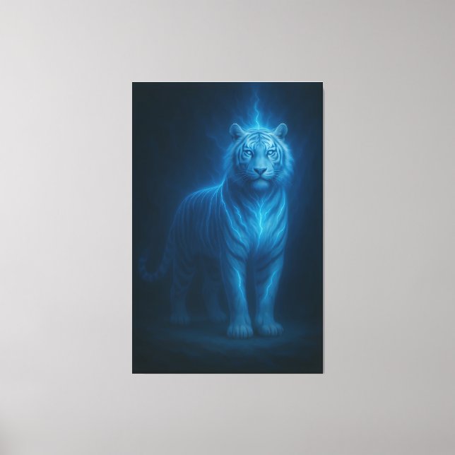 Lienzo Tigre Blanco Relámpago Llama Azul – Tormenta Celes (Anverso)