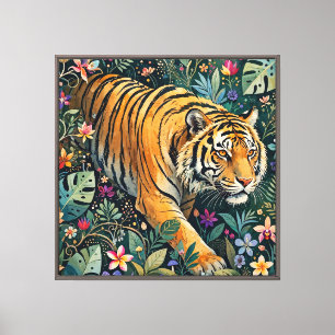 Lienzo Tigre con ojos ámbar, follaje de jungla fantástica