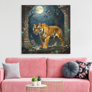 Lienzo Tigre en dunas antiguas bajo la luna llena