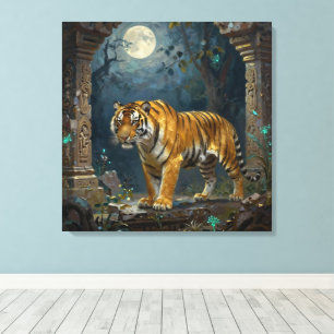 Lienzo Tigre en dunas antiguas bajo la luna llena