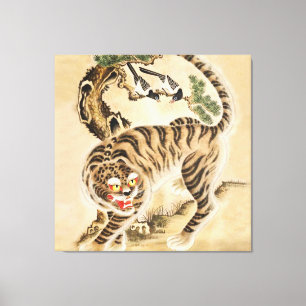 Lienzo Tigre Minhwa Vintage Bajo el Árbol de Pino