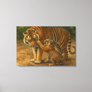 Lienzo Tigre tenso - padre y cachorro en bosque