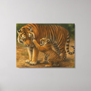 Lienzo Tigre tenso - padre y cachorro en bosque