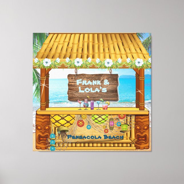 Lienzo Tiki Shack Blue Beach Floral Photo Drawing (Anverso)