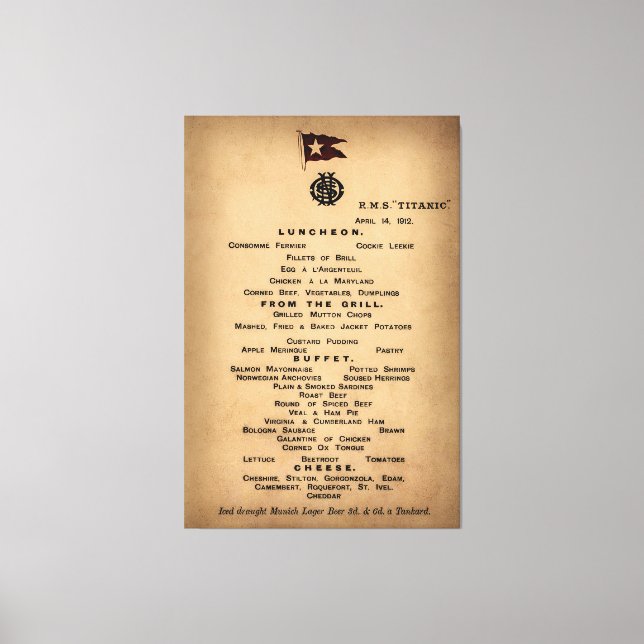 Lienzo TITANIC Final Luncheon Menu 1912 (Anverso)