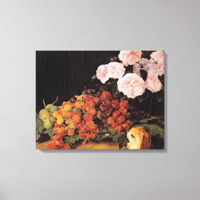 Lienzo Todavía la vida con Rosas, fresas y pan (Anverso)