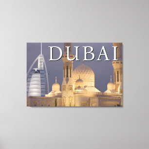 Lienzo Torre Árabe   Mezquita en la noche Dubai
