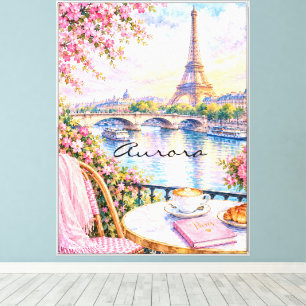 Lienzo Torre Eiffel de acuarela de París floral rosa fran