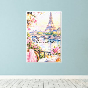 Lienzo Torre Eiffel de acuarela de París floral rosa fran