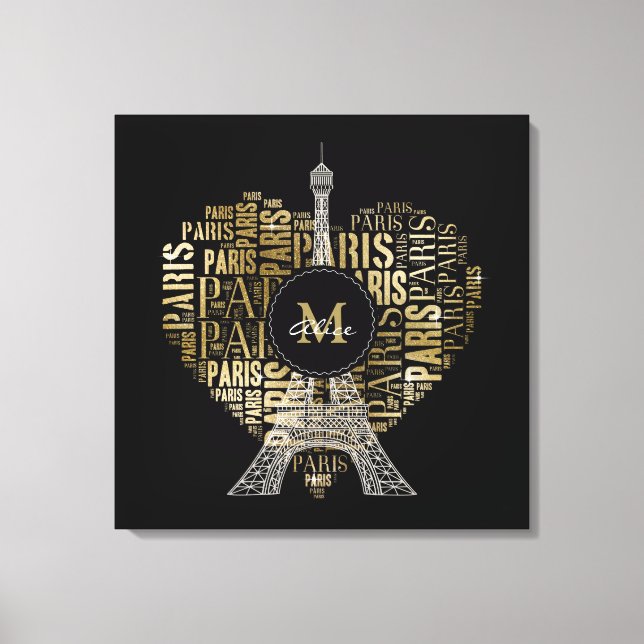 Lienzo Torre y monograma sobre el patrón de texto París (Anverso)