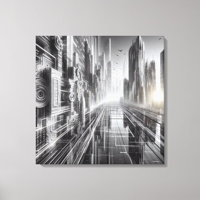 Lienzo Torres de mañana: Una metrópolis negra y blanca (Anverso)